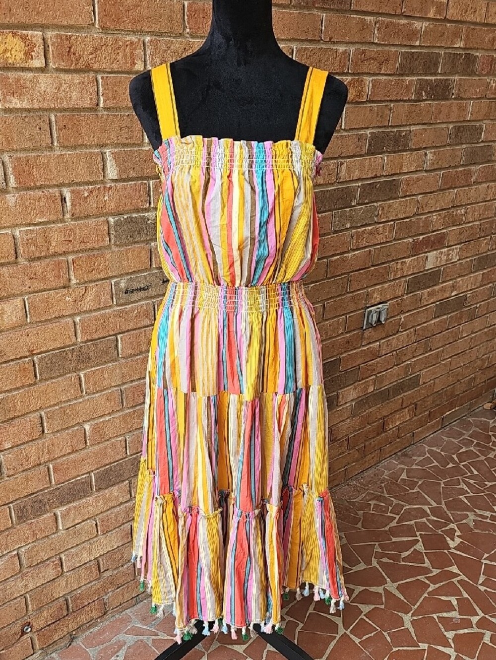 Tahari ASL Mustard Multicolor Striped Tiered Midi Dress with Pom Detail